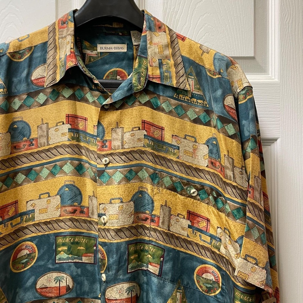 Vintage Burma Bibas Shirt Mens Large 100% Silk S/S Button Up‎ Luggage Traveler